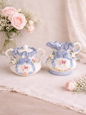 Vintage Cream & Sugar Set with Hand Painted Applied Florals, Victorian Style